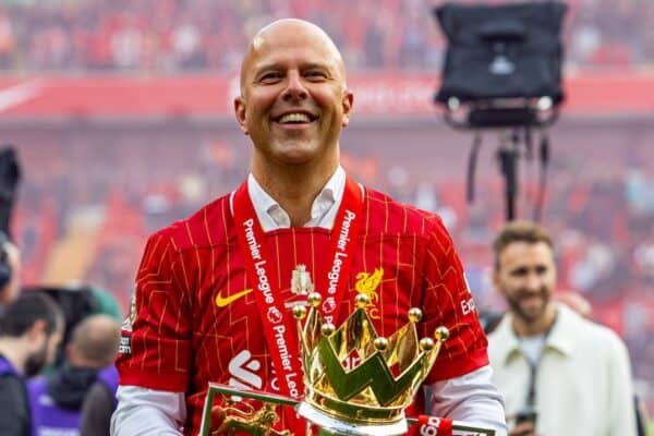 LIVERPOOL, ENGLAND - Sunday, May 25, 2025: Liverpool's head coach Arne Slot celebrates with the trophy after the FA Premier League match between Liverpool FC and Crystal Palace FC at Anfield. (Photo by David Rawcliffe/Propaganda)