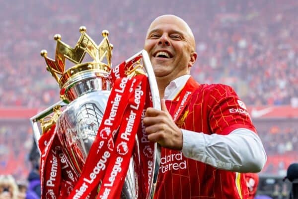 LIVERPOOL, ENGLAND - Sunday, May 25, 2025: Liverpool's head coach Arne Slot celebrates with the trophy after the FA Premier League match between Liverpool FC and Crystal Palace FC at Anfield. (Photo by David Rawcliffe/Propaganda)