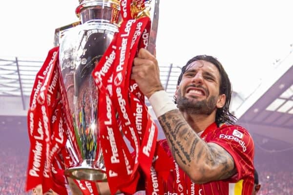LIVERPOOL, ENGLAND - Sunday, May 25, 2025: Liverpool's Dominik Szoboszlai with the trophy, as the team celebrate becoming Champions for the 20th time, after the FA Premier League match between Liverpool FC and Crystal Palace FC at Anfield. (Photo by David Rawcliffe/Propaganda)