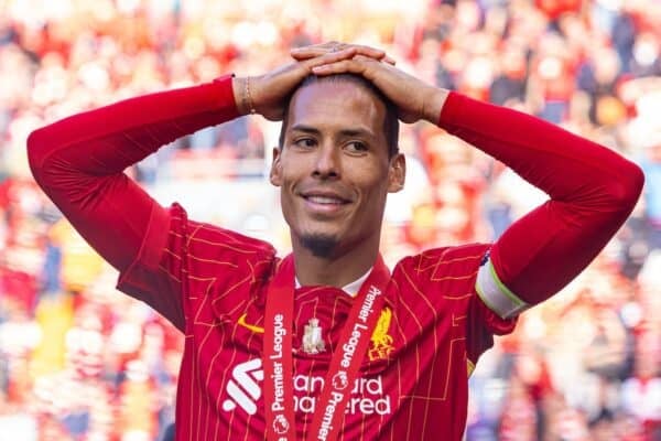 LIVERPOOL, ENGLAND - Sunday, May 25, 2025: Liverpool's captain Virgil van Dijk celebrates with his winners' medal after the FA Premier League match between Liverpool FC and Crystal Palace FC at Anfield. (Photo by David Rawcliffe/Propaganda)