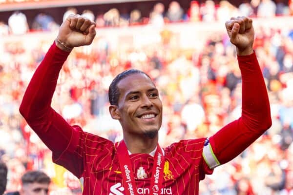 LIVERPOOL, ENGLAND - Sunday, May 25, 2025: Liverpool's captain Virgil van Dijk celebrates with his winners' medal after the FA Premier League match between Liverpool FC and Crystal Palace FC at Anfield. (Photo by David Rawcliffe/Propaganda)