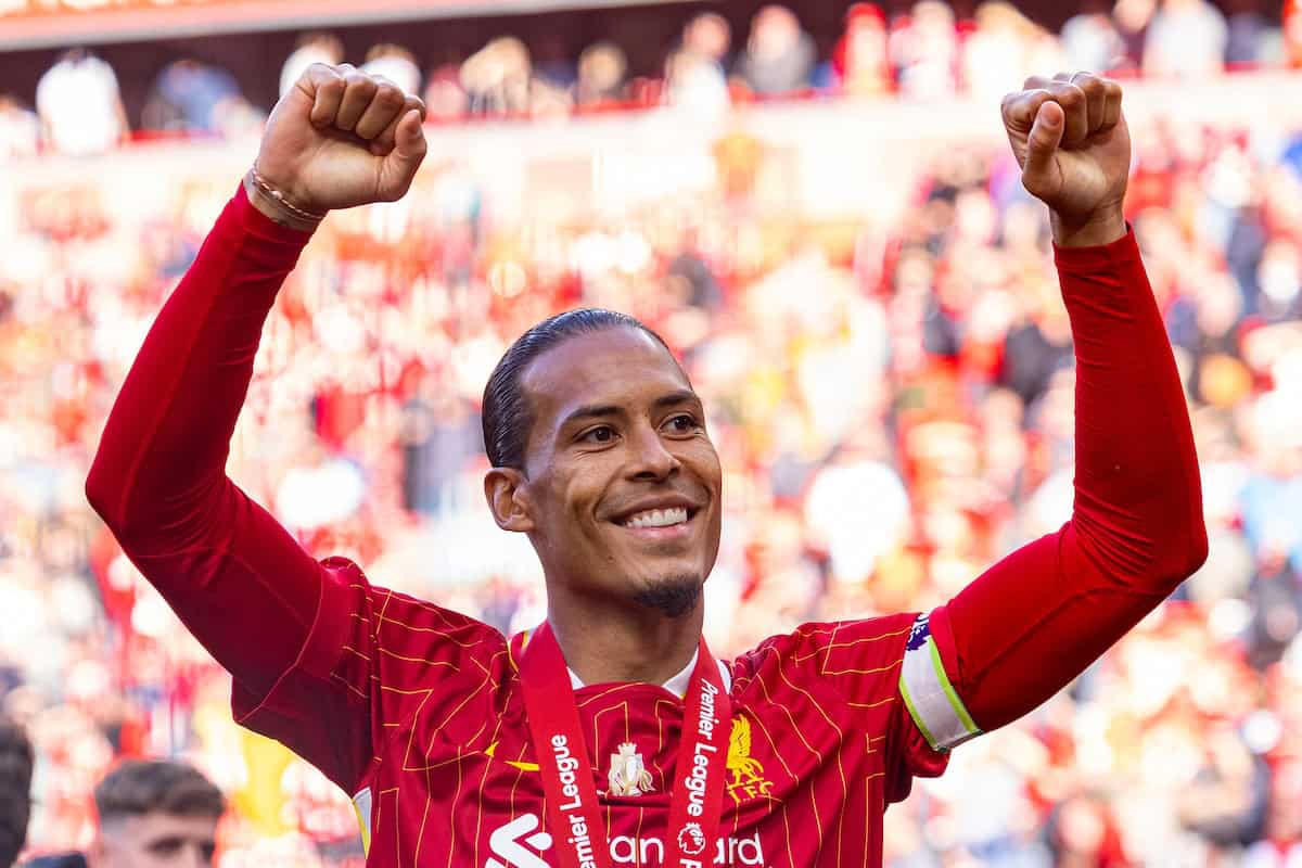 LIVERPOOL, ENGLAND - Sunday, May 25, 2025: Liverpool's captain Virgil van Dijk celebrates with his winners' medal after the FA Premier League match between Liverpool FC and Crystal Palace FC at Anfield. (Photo by David Rawcliffe/Propaganda)