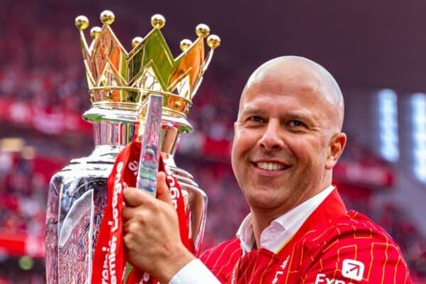 LIVERPOOL, ENGLAND - Sunday, May 25, 2025: Liverpool's head coach Arne Slot with the trophy, as the team celebrate becoming Champions for the 20th time, after the FA Premier League match between Liverpool FC and Crystal Palace FC at Anfield. (Photo by David Rawcliffe/Propaganda)