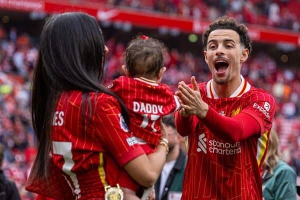 LIVERPOOL, ENGLAND - Sunday, May 25, 2025: Liverpool's Curtis Jones with his partner Saffie Khan after the FA Premier League match between Liverpool FC and Crystal Palace FC at Anfield. (Photo by David Rawcliffe/Propaganda)
