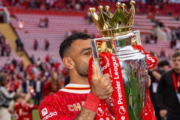 LIVERPOOL, ENGLAND - Sunday, May 25, 2025: Liverpool's Mohamed Salah kisses the trophy, as the team celebrate becoming Champions for the 20th time, after the FA Premier League match between Liverpool FC and Crystal Palace FC at Anfield. (Photo by David Rawcliffe/Propaganda)