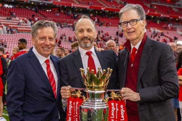 LIVERPOOL, ENGLAND - Sunday, May 25, 2025: Liverpool's co-owner and NESV Chairman Tom Werner, Director Michael Gordon, and owner John W. Henry with the trophy, as the team celebrate becoming Champions for the 20th time, after the FA Premier League match between Liverpool FC and Crystal Palace FC at Anfield. (Photo by David Rawcliffe/Propaganda)