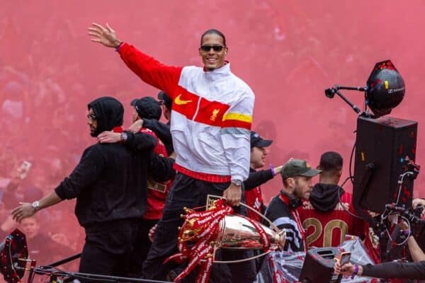 LIVERPOOL, ENGLAND - Monday, May 26, 2025: Liverpool's captain Virgil van Dijk with the trophy during an open top bus parade through the city as the Reds celebrate winning the FA Premier League and becoming Champions of England for the 20th time. (Photo by Gary Oakley/Propaganda)
