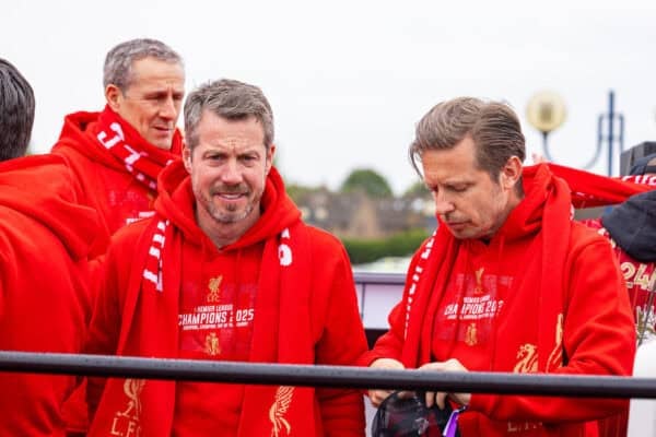 LIVERPOOL, ENGLAND - Monday, May 26, 2025: Liverpool's Chief Executive Officer Billy Hogan (L) and Director of Football Michael Edwards during an open top bus parade through the city as the Reds celebrate winning the FA Premier League and becoming Champions of England for the 20th time. (Photo by David Rawcliffe/Propaganda)