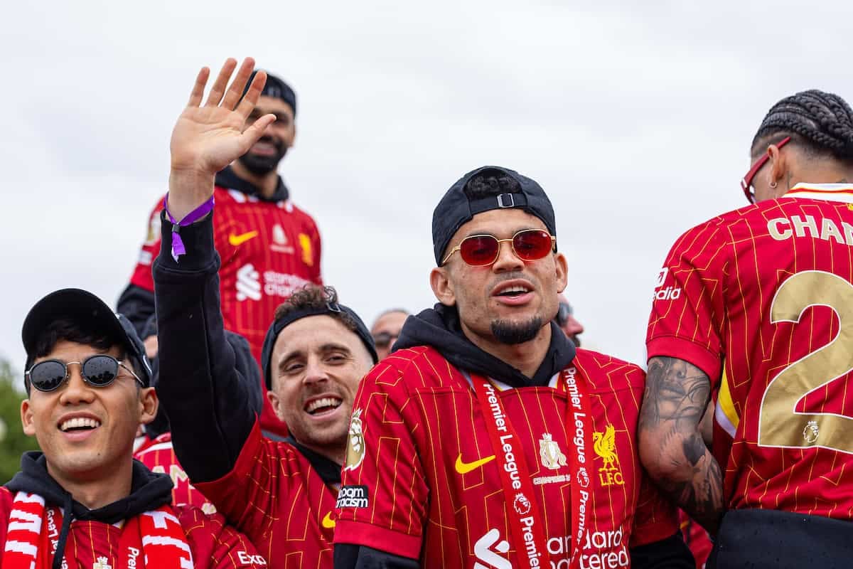 LIVERPOOL, ENGLAND - Monday, May 26, 2025: Liverpool's (L-R) Wataru Endo, Kostas Tsimikas and Luis Díaz during an open top bus parade through the city as the Reds celebrate winning the FA Premier League and becoming Champions of England for the 20th time. (Photo by David Rawcliffe/Propaganda)
