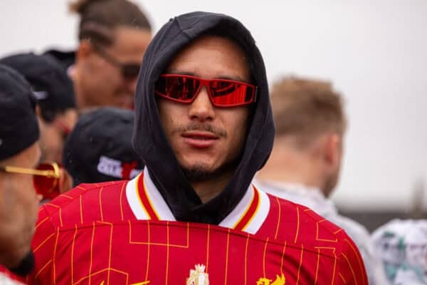 LIVERPOOL, ENGLAND - Monday, May 26, 2025: Liverpool's Darwin Núñez during an open top bus parade through the city as the Reds celebrate winning the FA Premier League and becoming Champions of England for the 20th time. (Photo by David Rawcliffe/Propaganda)