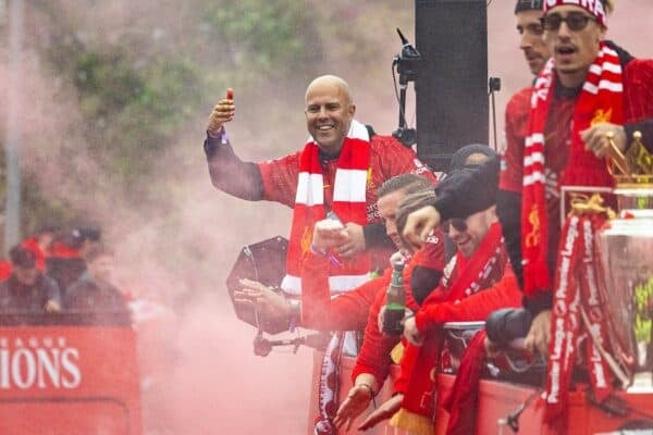 LIVERPOOL, ENGLAND - Monday, May 26, 2025: Liverpool's head coach Arne Slot during an open top bus parade through the city as the Reds celebrate winning the FA Premier League and becoming Champions of England for the 20th time. (Photo by David Rawcliffe/Propaganda)