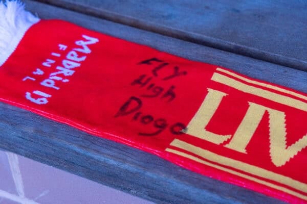 LIVERPOOL, ENGLAND - Thursday, July 3, 2025: Tributes left at Anfield by supporters following the death of Liverpool Football Club's Portugal international football player Diogo Jota. (Pic by David Rawcliffe/Propaganda)