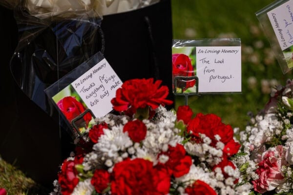 LIVERPOOL, ENGLAND - Thursday, July 3, 2025: Supporters leave tributes at Anfield following the death of Liverpool Football Club's Portugal international football player Diogo Jota. (Pic by David Rawcliffe/Propaganda)