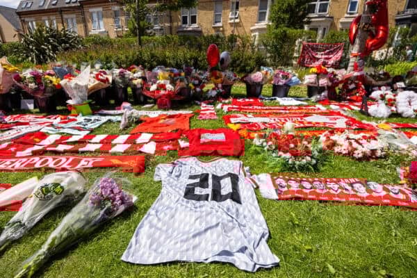 LIVERPOOL, ENGLAND - Thursday, July 3, 2025: Tributes left by supporters at Anfield following the death of Liverpool Football Club's Portugal international football player Diogo Jota. (Pic by David Rawcliffe/Propaganda)