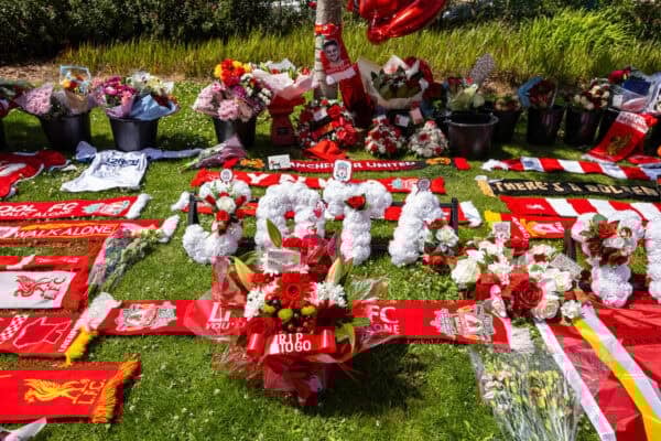 LIVERPOOL, ENGLAND - Thursday, July 3, 2025: Tributes left by supporters at Anfield following the death of Liverpool Football Club's Portugal international football player Diogo Jota. (Pic by David Rawcliffe/Propaganda)
