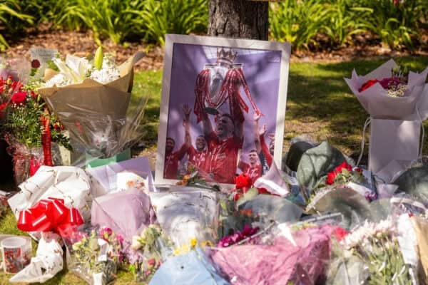 LIVERPOOL, ENGLAND - Thursday, July 3, 2025: Tributes left by supporters at Anfield following the death of Liverpool Football Club's Portugal international football player Diogo Jota. (Pic by David Rawcliffe/Propaganda)