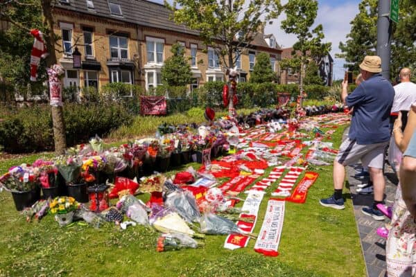 LIVERPOOL, ENGLAND - Thursday, July 3, 2025: Tributes left by supporters at Anfield following the death of Liverpool Football Club's Portugal international football player Diogo Jota. (Pic by David Rawcliffe/Propaganda)