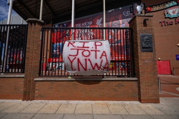 LIVERPOOL, ENGLAND - Thursday, July 3, 2025: A banner "RIP Jota YNWA ["You'll Never Walk Alone"]" left by supporters at Anfield following the death of Liverpool Football Club's Portugal international football player Diogo Jota. (Pic by David Rawcliffe/Propaganda)