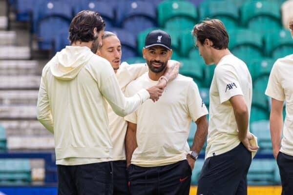 PRESTON, ENGLAND - Sunday, July 13, 2025: Liverpool's Kostas Tsimikas and Mohamed Salah with Dominik Szoboszlai before a pre-season friendly match between Preston North End FC and Liverpool FC at Deepdale. (Photo by David Rawcliffe/Propaganda)