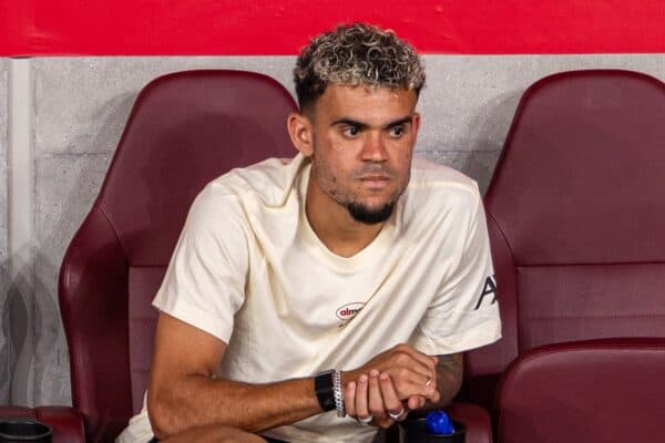 HONG KONG - Saturday, July 26, 2025: Liverpool's unused player Luis Díaz on the bench before the Hong Kong Football Festival 2025 pre-season match between Liverpool FC and AC Milan at the Kai Tak Stadium. (Photo by David Rawcliffe/Propaganda)