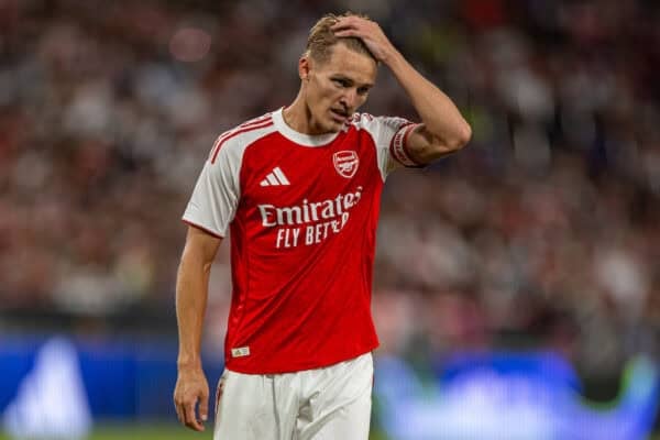 HONG KONG - Thursday, July 31, 2025: Arsenal's captain Martin Ødegaard during the Hong Kong Football Festival 2025 pre-season match between Arsenal FC and Tottenham Hotspur FC at the Kai Tak Stadium. Tottenham won 1-0. (Photo by David Rawcliffe/Propaganda)