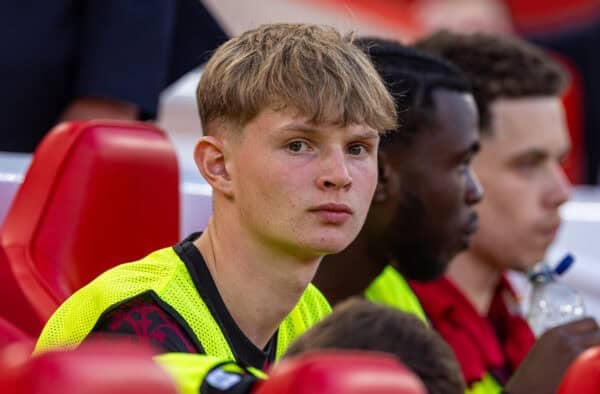 LIVERPOOL, ENGLAND - Monday, August 4, 2025: Liverpool's substitute Will Wright on the bench during a pre-season friendly match between Liverpool FC and Athletic Bilbao at Anfield. (Photo by David Rawcliffe/Propaganda)