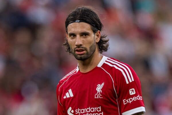 LIVERPOOL, ENGLAND - Monday, August 4, 2025: Liverpool's Dominik Szoboszlai during a pre-season friendly match between Liverpool FC and Athletic Bilbao at Anfield. Liverpool won 3-2. (Photo by David Rawcliffe/Propaganda)