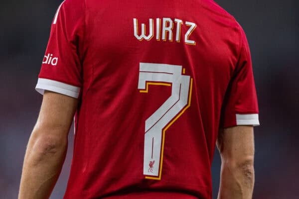 LIVERPOOL, ENGLAND - Monday, August 4, 2025: Liverpool's number seven Florian Wirtz during a pre-season friendly match between Liverpool FC and Athletic Bilbao at Anfield. Liverpool won 3-2. (Photo by David Rawcliffe/Propaganda)