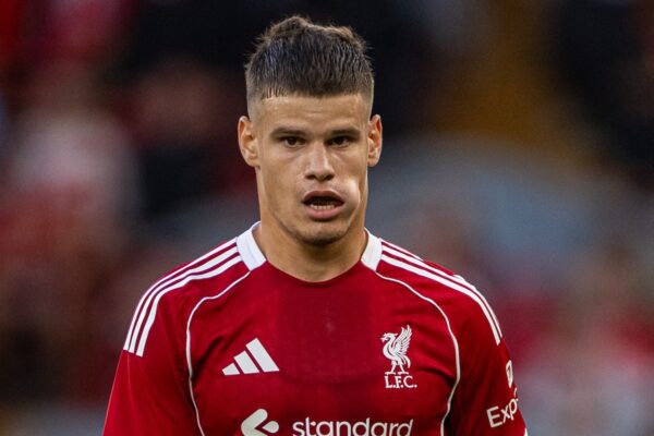 LIVERPOOL, ENGLAND - Monday, August 4, 2025: Liverpool's Milos Kerkez during a pre-season friendly match between Liverpool FC and Athletic Bilbao at Anfield. Liverpool won 3-2. (Photo by David Rawcliffe/Propaganda)