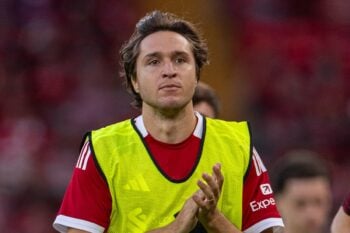 LIVERPOOL, ENGLAND - Monday, August 4, 2025: Liverpool's substitute Federico Chiesa warms-up during a pre-season friendly match between Liverpool FC and Athletic Bilbao at Anfield. Liverpool won 3-2. (Photo by David Rawcliffe/Propaganda) Football – Pre-season Friendly – Liverpool FC v Athletic Bilbao FC