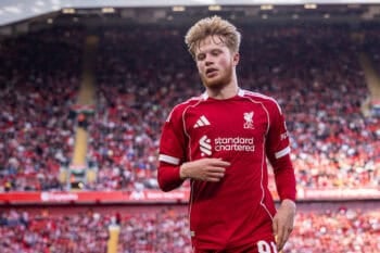 LIVERPOOL, ENGLAND - Monday, August 4, 2025: Liverpool's Luca Stephenson during a pre-season friendly match between Liverpool FC and Athletic Bilbao at Anfield. Liverpool won 4-1. (Photo by David Rawcliffe/Propaganda) Football – Pre-season Friendly – Liverpool FC v Athletic Bilbao FC