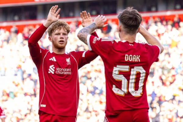 LIVERPOOL, ENGLAND - Monday, August 4, 2025: Liverpool's Luca Stephenson (L) celebrates with goalscorer Ben Doak after his side's third goal during a pre-season friendly match between Liverpool FC and Athletic Bilbao at Anfield. Liverpool won 4-1. (Photo by David Rawcliffe/Propaganda)