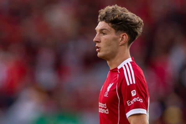 LIVERPOOL, ENGLAND - Monday, August 4, 2025: Liverpool's Lewis Koumas during a pre-season friendly match between Liverpool FC and Athletic Bilbao at Anfield. Liverpool won 4-1. (Photo by David Rawcliffe/Propaganda)