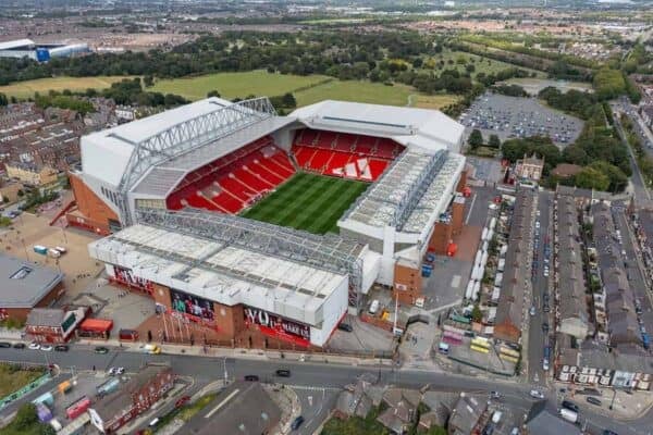 LIVERPOOL, ENGLAND - Friday, August 8, 2025: An aerial view of Liverpool's Anfield Stadium, featuring new Adidas branding, ahead of the start of the new 2025/26 season. (Photo by David Rawcliffe/Propaganda)