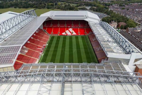 LIVERPOOL, ENGLAND - Friday, August 8, 2025: An aerial view of Liverpool's Anfield Stadium, featuring new Adidas branding, ahead of the start of the new 2025/26 season, matchday. (Photo by David Rawcliffe/Propaganda)