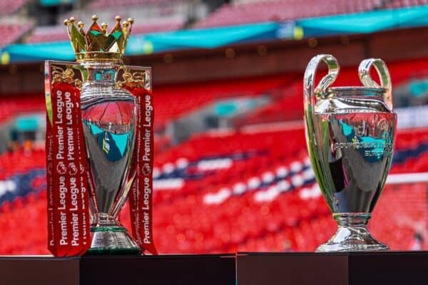 LONDON, ENGLAND - Saturday, August 10, 2024: The FA Premier League and the European Cup (UEFA Champions League) trophies on display before the FA Community Shield match between Crystal Palace FC and Liverpool FC at Wembley Stadium. General (Photo by David Rawcliffe/Propaganda)