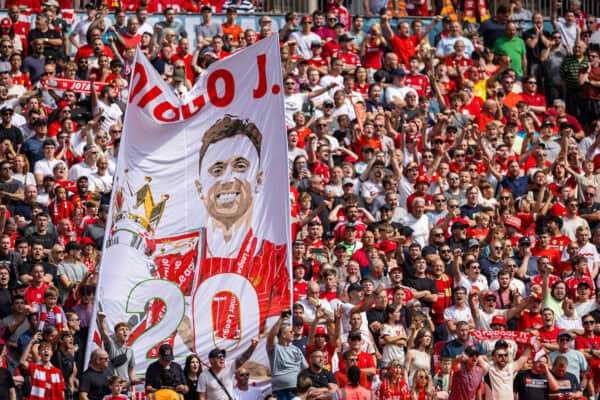 LONDON, ENGLAND - Sunday, August 10, 2025: Liverpool supporters' banner pays tribute to Diogo Jota, who died in a car accident in July, during the FA Community Shield match between Crystal Palace FC and Liverpool FC at Wembley Stadium. Palace won 3-1 on penalties after a 2-2 draw. (Photo by Harry Murphy/Propaganda)