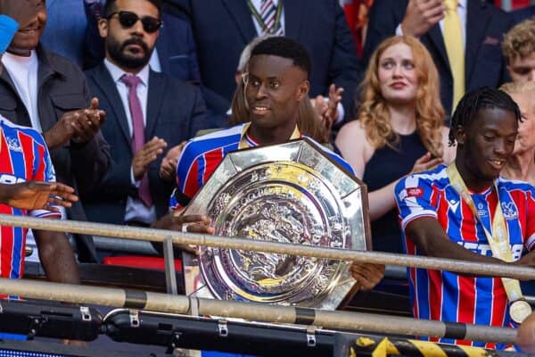 LONDON, ENGLAND - Sunday, August 10, 2025: Crystal Palace's captain Marc Guéhi lifts the trophy after the FA Community Shield match between Crystal Palace FC and Liverpool FC at Wembley Stadium. Palace won 3-1 on penalties after a 2-2 draw. (Photo by Harry Murphy/Propaganda)