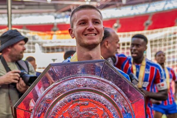 LONDON, ENGLAND - Sunday, August 10, 2025: Crystal Palace's Adam Wharton celebrates with the trophy after the FA Community Shield match between Crystal Palace FC and Liverpool FC at Wembley Stadium. Palace won 3-1 on penalties after a 2-2 draw. (Photo by Harry Murphy/Propaganda)