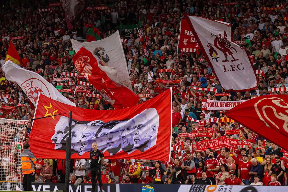 LIVERPOOL, ENGLAND - Friday, August 15, 2025: Liverpool supporters on the Spion Kop stand in silence as they pay tribute to Diogo Jota, who died in a car accident in July, during the FA Premier League match between Liverpool FC and AFC Bournemouth at Anfield. Liverpool won 4-2. (Photo by David Rawcliffe/Propaganda)
