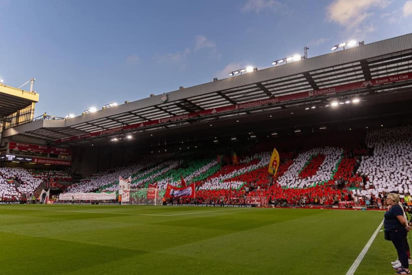 LIVERPOOL, ENGLAND - Friday, August 15, 2025: Liverpool's supporters form a mosaic as they pay tribute to Andre Silva and Diogo Jota, who died in a car accident in July, during the FA Premier League match between Liverpool FC and AFC Bournemouth at Anfield. Liverpool won 4-2. (Photo by David Rawcliffe/Propaganda)