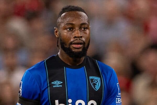 LIVERPOOL, ENGLAND - Friday, August 15, 2025: Bournemouth's Antoine Semenyo during the FA Premier League match between Liverpool FC and AFC Bournemouth at Anfield. Liverpool won 4-2. (Photo by David Rawcliffe/Propaganda)
