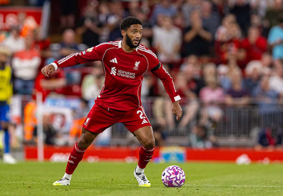 LIVERPOOL, ENGLAND - Friday, August 15, 2025: Liverpool's Joe Gomez during the FA Premier League match between Liverpool FC and AFC Bournemouth at Anfield. Liverpool won 4-2. (Photo by David Rawcliffe/Propaganda)
