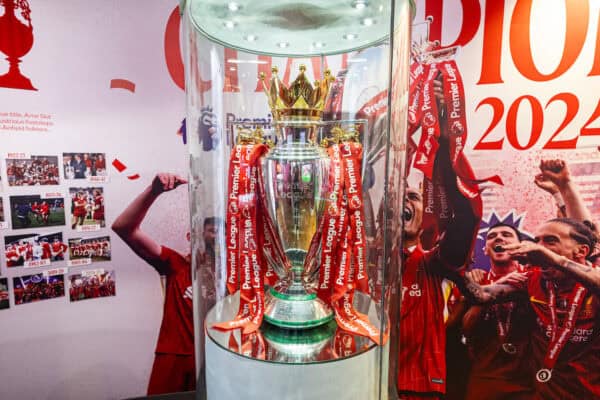 LIVERPOOL, ENGLAND - Wednesday, August 20, 2025: The Premier League trophy won by Liverpool FC in 2024/25, the club's 20th, on display at the club's museum. (Photo by David Rawcliffe/Propaganda)