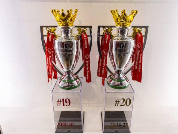 LIVERPOOL, ENGLAND - Wednesday, August 20, 2025: Miniature Premier League trophies won by Liverpool FC on display at the club's museum. (Photo by David Rawcliffe/Propaganda)