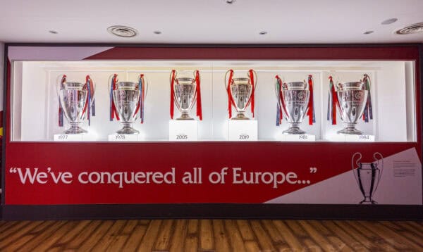 LIVERPOOL, ENGLAND - Wednesday, August 20, 2025: Old Big Ears... Six European Cups, now called the UEFA Champions League, won by Liverpool FC on display at the club's museum. (Photo by David Rawcliffe/Propaganda)