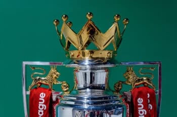 LIVERPOOL, ENGLAND - Wednesday, August 20, 2025: The FA Premier League trophy on display for visitors to be photographed alongside as part of the stadium tour at Liverpool's Anfield Stadium. (Photo by David Rawcliffe/Propaganda) Football – Tour of Anfield