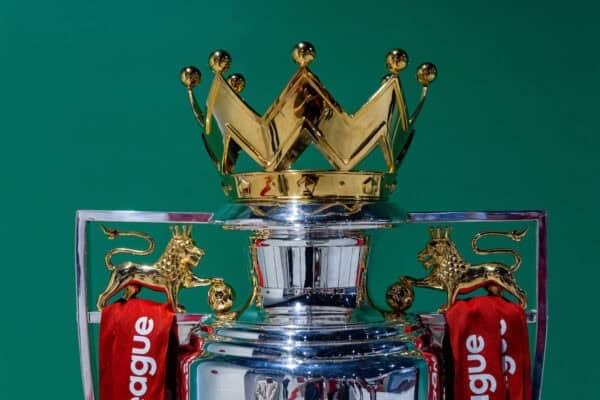LIVERPOOL, ENGLAND - Wednesday, August 20, 2025: The FA Premier League trophy on display for visitors to be photographed alongside as part of the stadium tour at Liverpool's Anfield Stadium. (Photo by David Rawcliffe/Propaganda)