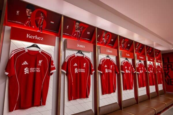 Liverpool FC player jerseys display at This Is Anfield stadium museum.