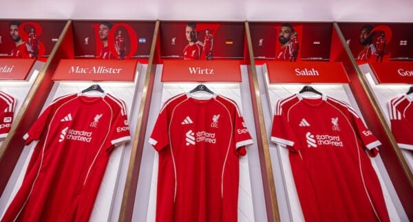 LIVERPOOL, ENGLAND - Wednesday, August 20, 2025: The shirts of Liverpool players Alexis Mac Allister, Florian Wirtz, Mohamed Salah on display in the home dressing room at Anfield seen during the official stadium tour. (Photo by David Rawcliffe/Propaganda)
